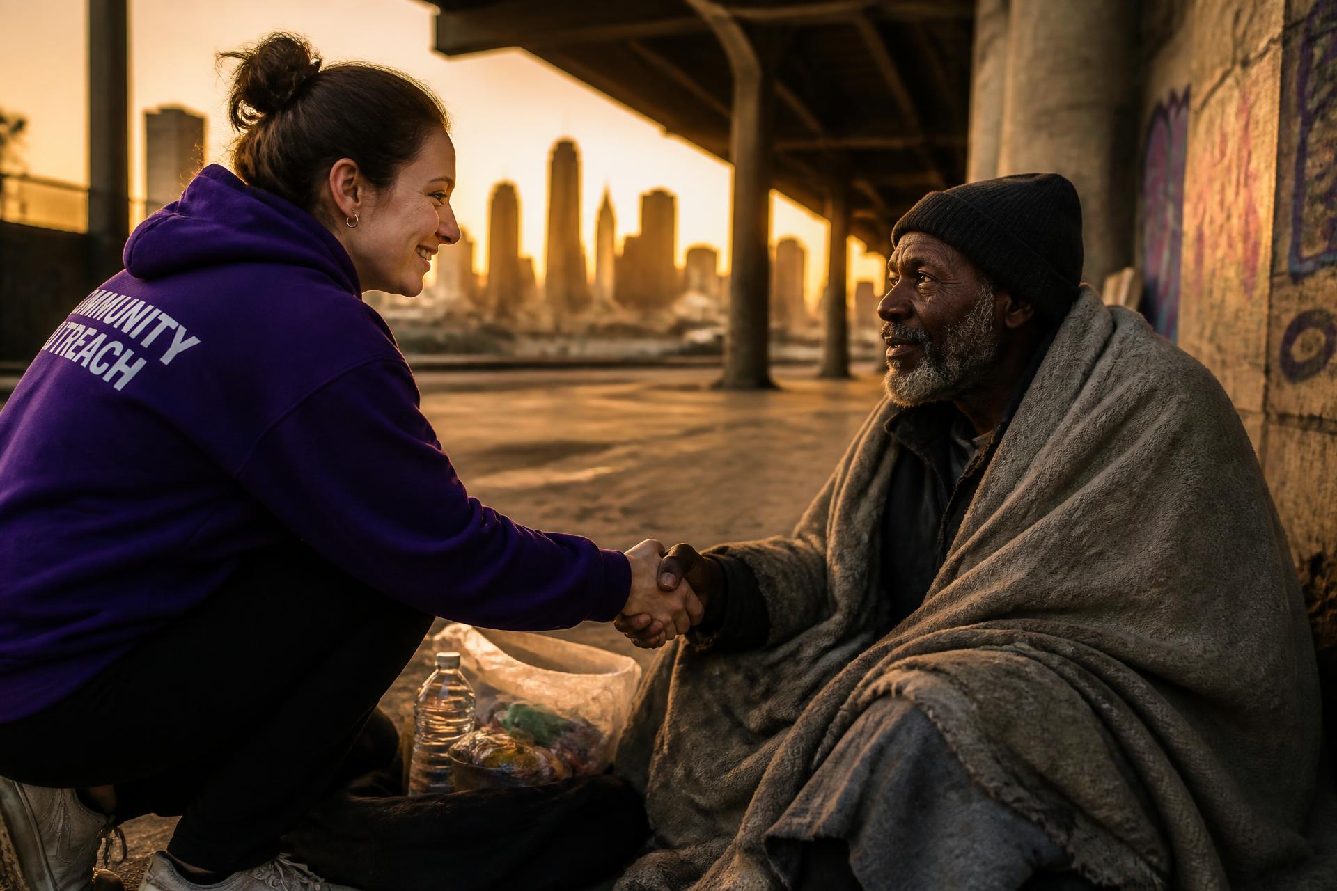 An Audible Hope outreach volunteer greeting a man sheltering under a city viaduct at sunrise